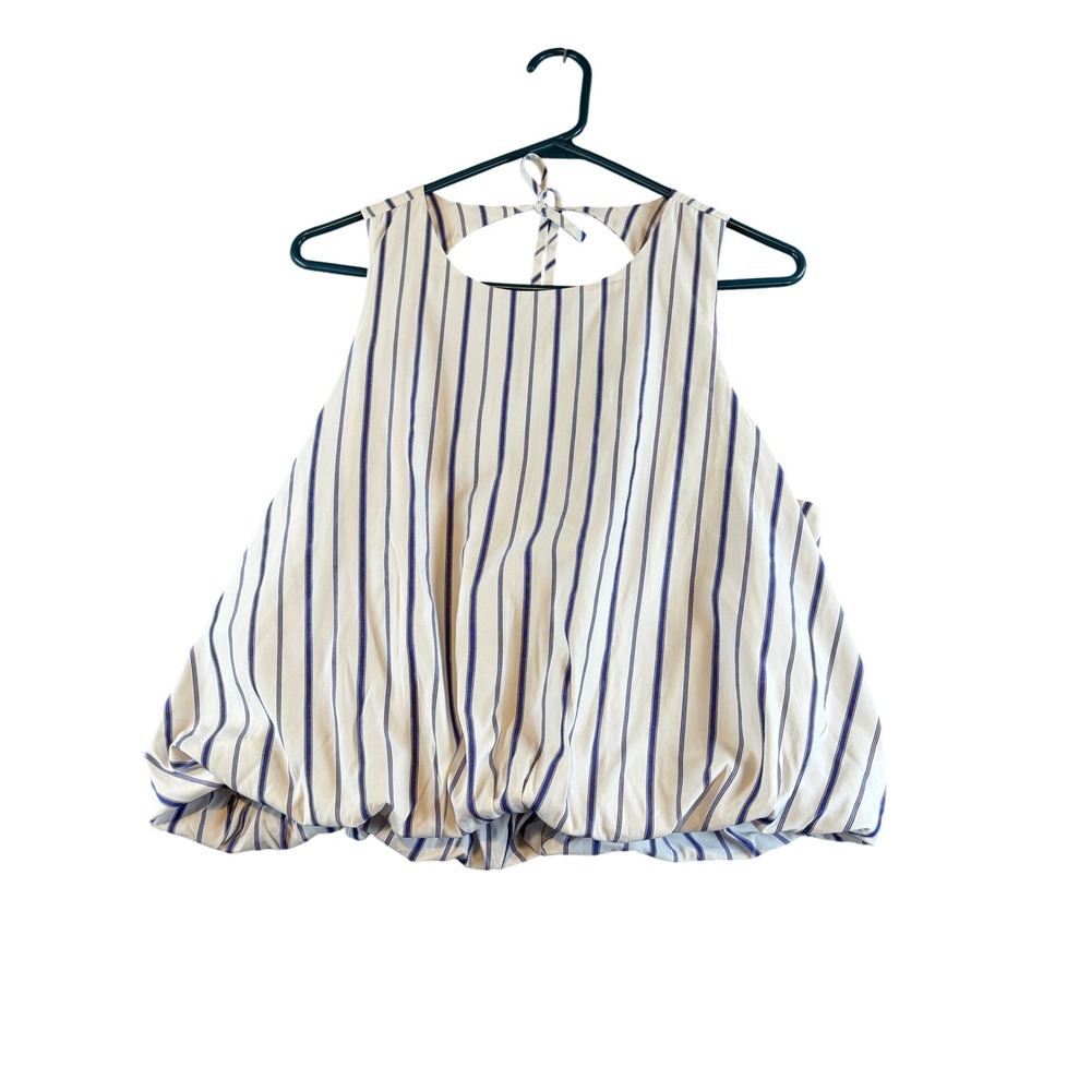 Emerson Lang Blue White Striped Bubble Hem Halter Top Keyhole Back Large